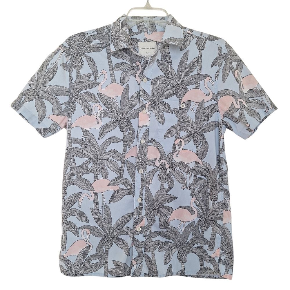 American Eagle Flex Cotton Shirt Blue Flamingo Button Up Mens S Beach Casual